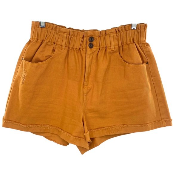 A Love A Mustard Orange High Waisted Paperbag Elastic Waist Denim Shorts - Picture 1 of 7